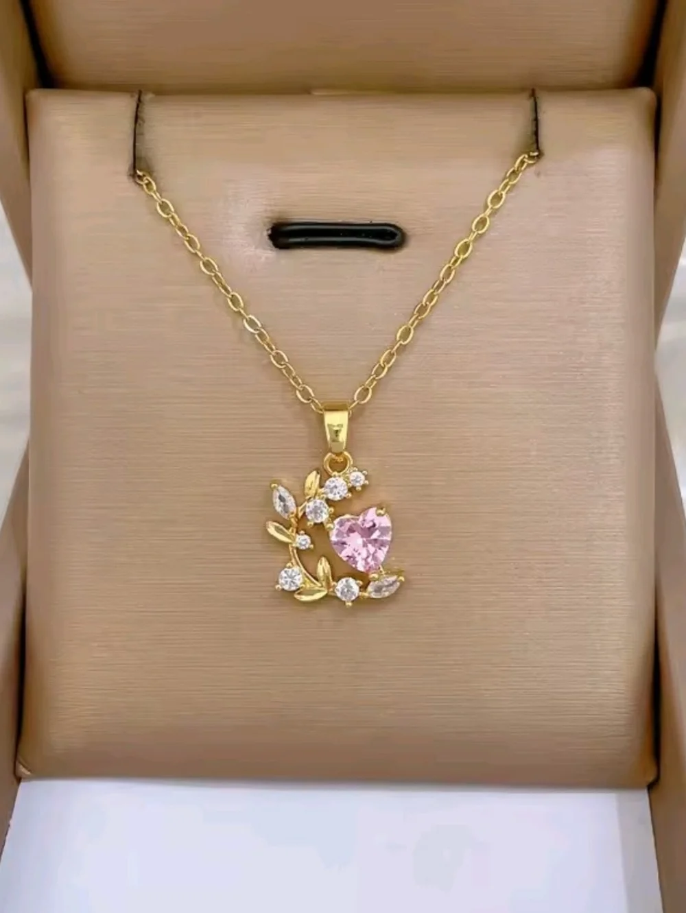 Dainty Gold Heart & Leaf Pendant Necklace Pink Crystal Jewelry